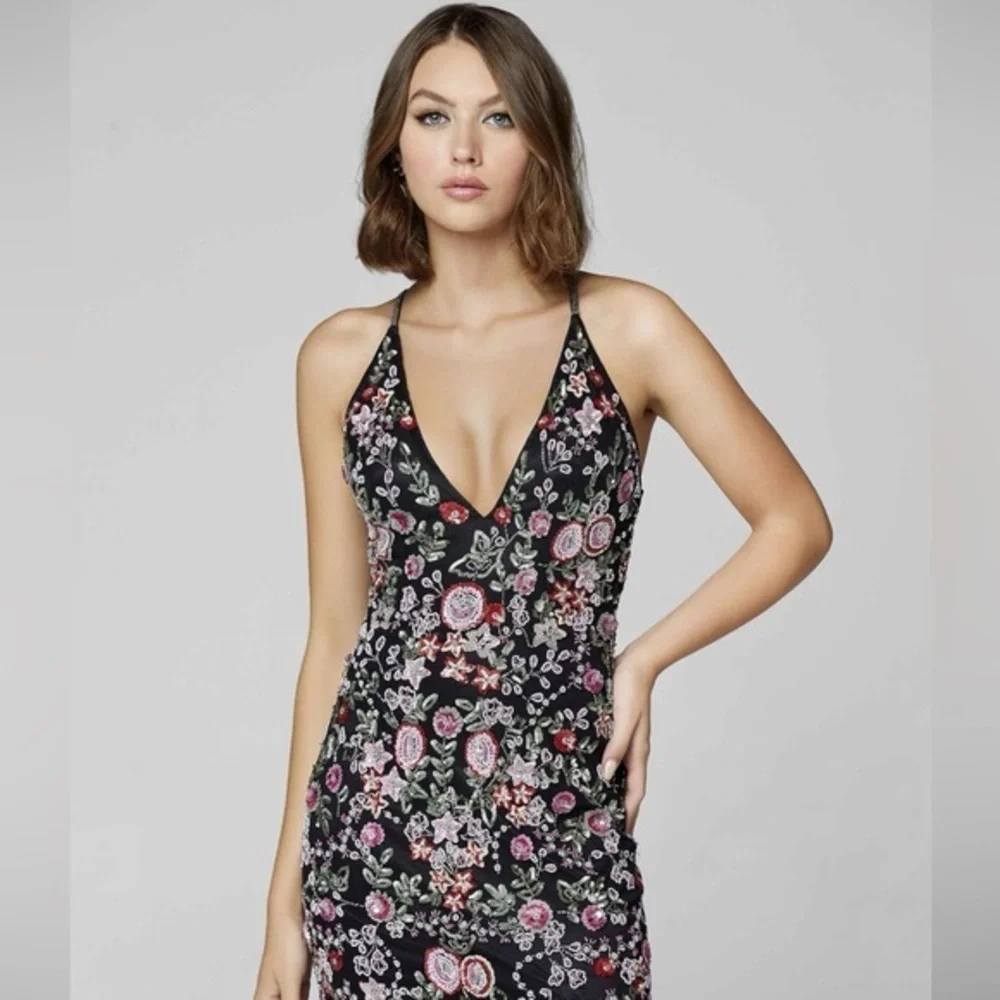 Primavera Couture Floral Embroidered Mini Dress - navy and Pink - Picture 5 of 14
